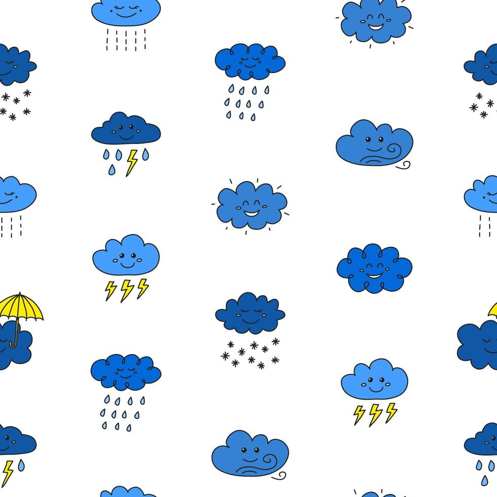 Seamless pattern with doodle colored happy clouds. vector