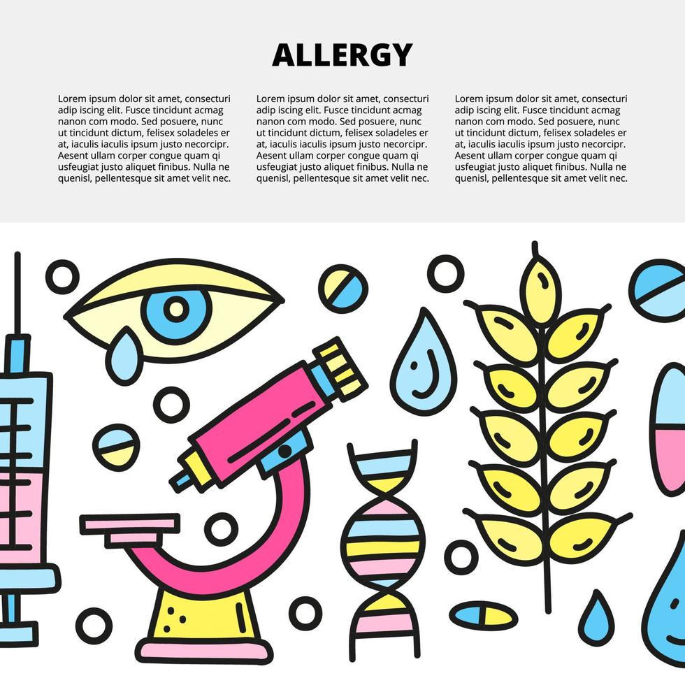 plantilla de artículo con espacio para texto e íconos de alergia de color de garabato que incluyen jeringa, ojo mocoso, microscopio, dnk, trigo, pastillas, gotas. vector