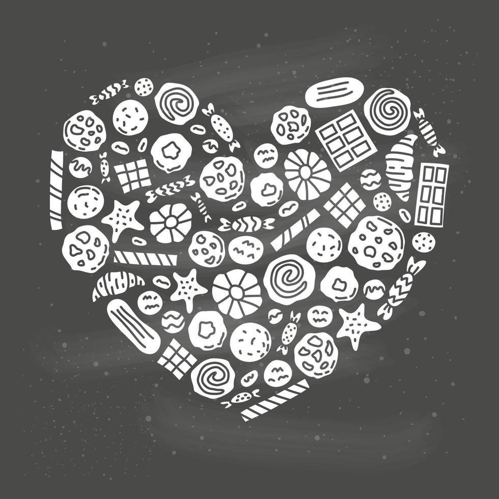 Doodle cookies, waffles and candies composed in heart shape. vector