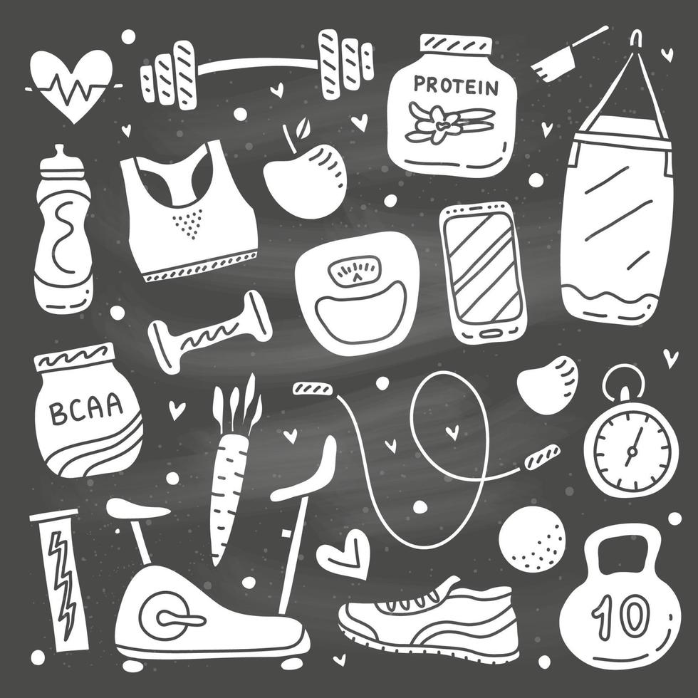 Set of doodle gym and fitness icons isolated on the blackboard. vector