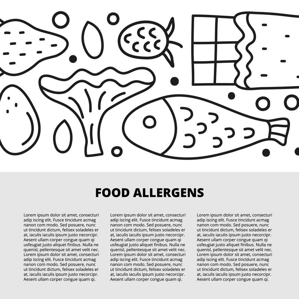 plantilla de artículo con espacio para texto y contorno de garabatos íconos de alérgenos alimentarios que incluyen huevo, fresa, champiñón chanterelle, frambuesa, pescado, barra de chocolate. vector