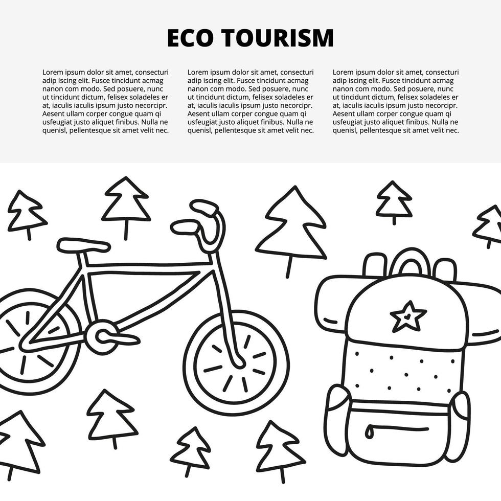 Article template with space for text and doodle outline eco tourism icons including bike, backpack, fir or pine trees isolated on white background. vector