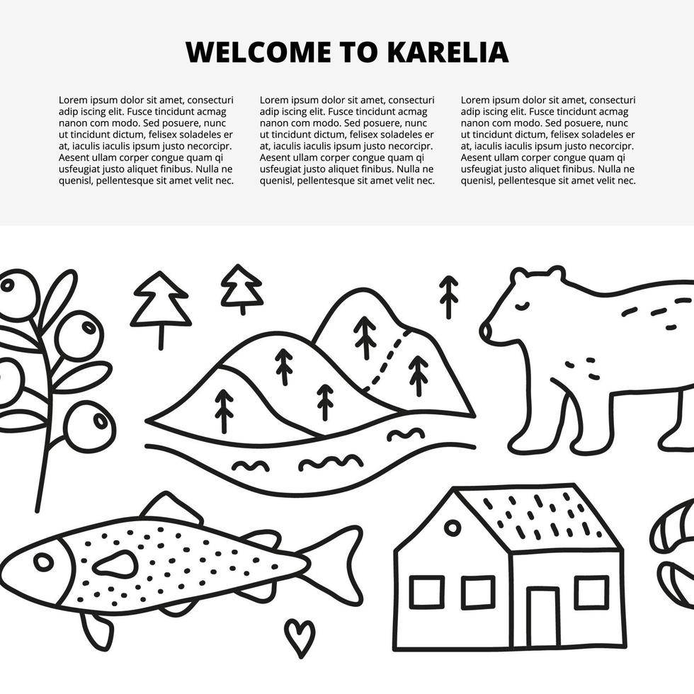 Article template with space for text and doodle outline Karelia icons including cranberry, river, hills, trout fish, bear isolated on white background. vector