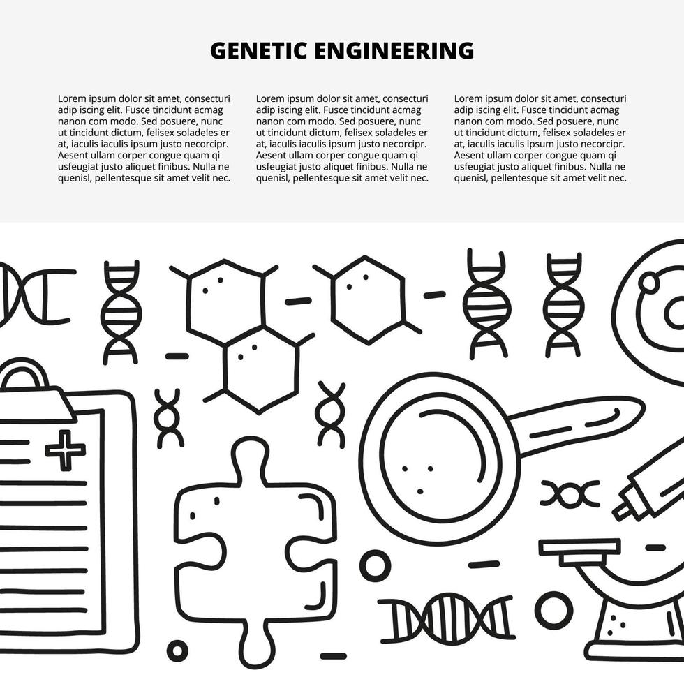 Article template with space for text and doodle outline genetic engineering icons including dna, blank clipboard, molecule, plant in test tube, puzzle piece, tablet, apple, pipette. vector