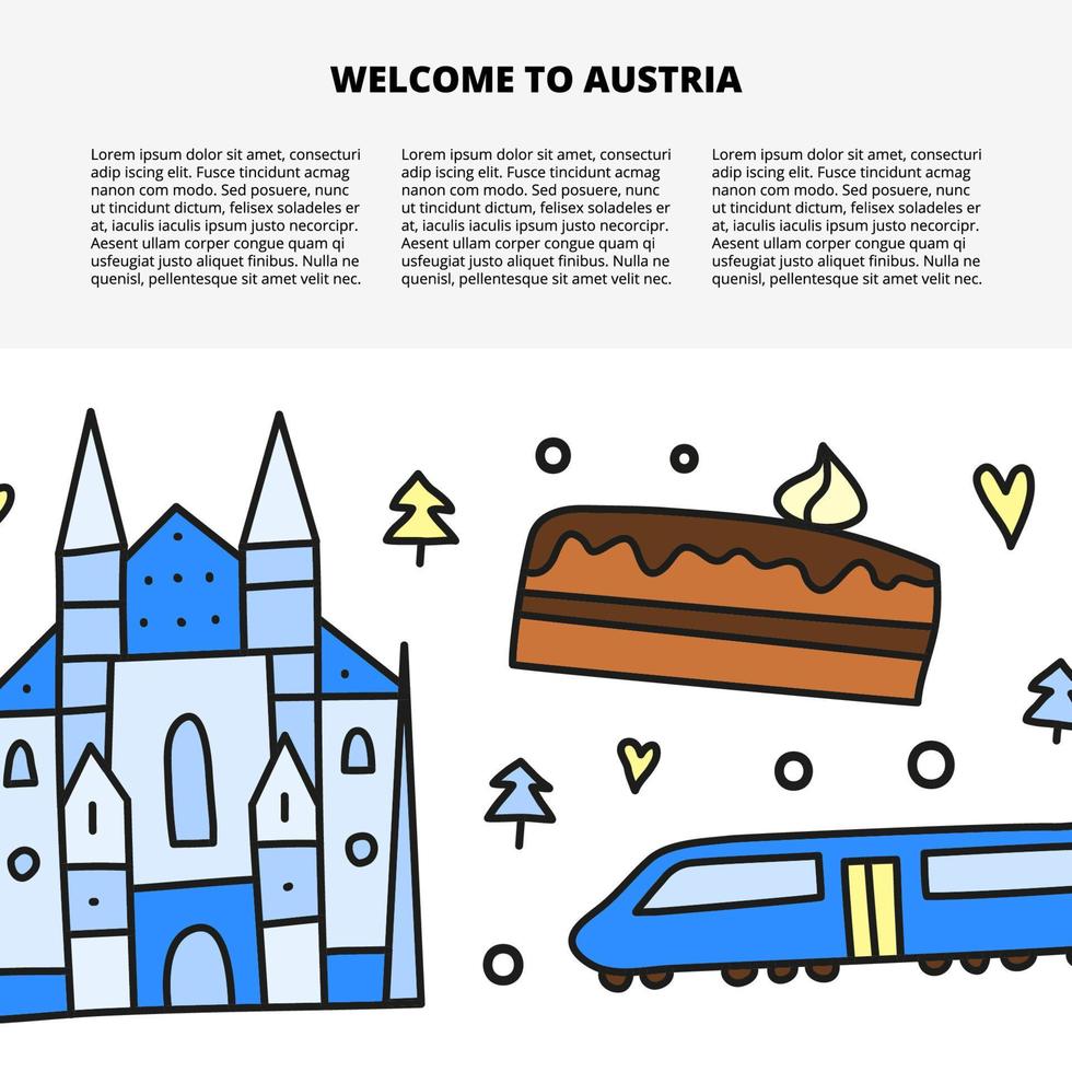 Article template with space for text and doodle colored Austria icons including Vienna Cathedral, train, chocolate cake, fir trees isolated on white background. vector