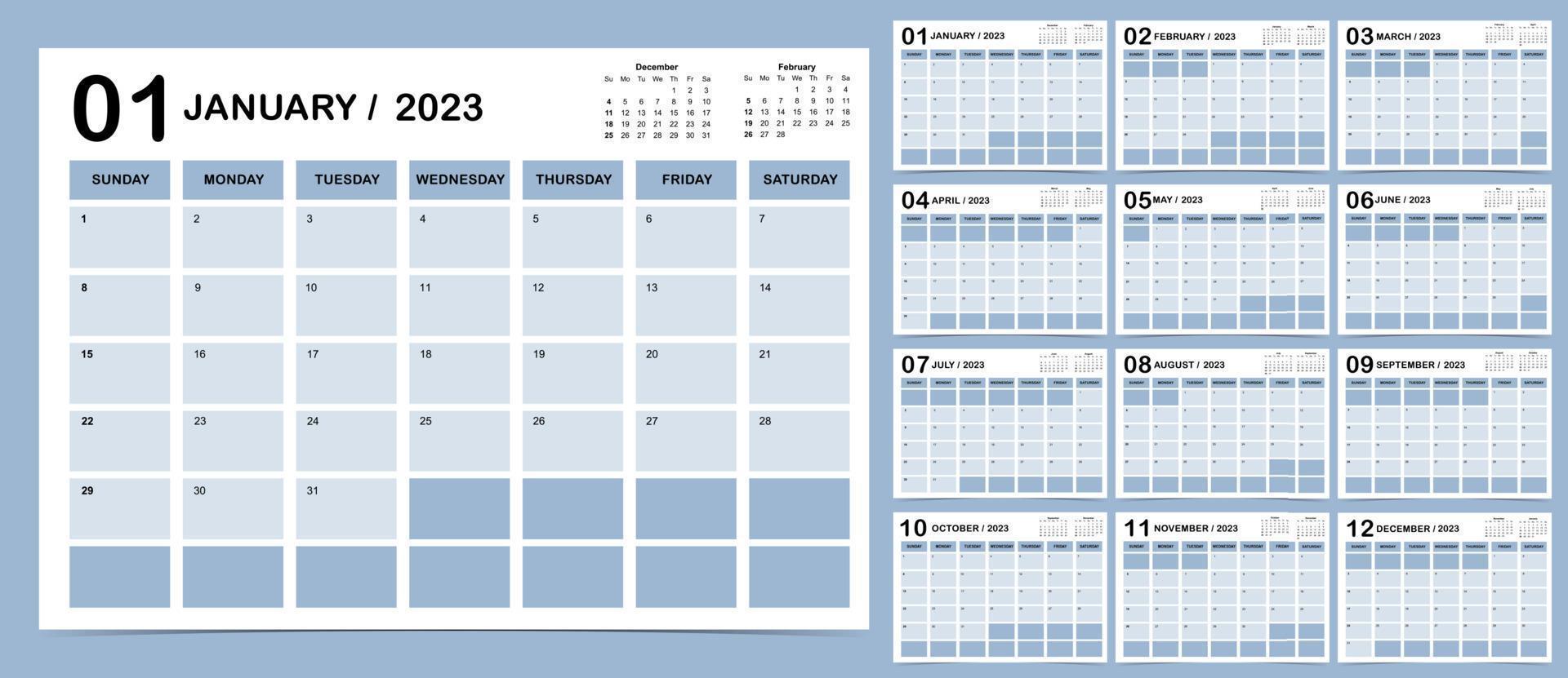 La semana del calendario de mesa 2023 comienza el domingo con color que se usa para digital vertical e imprimible vector