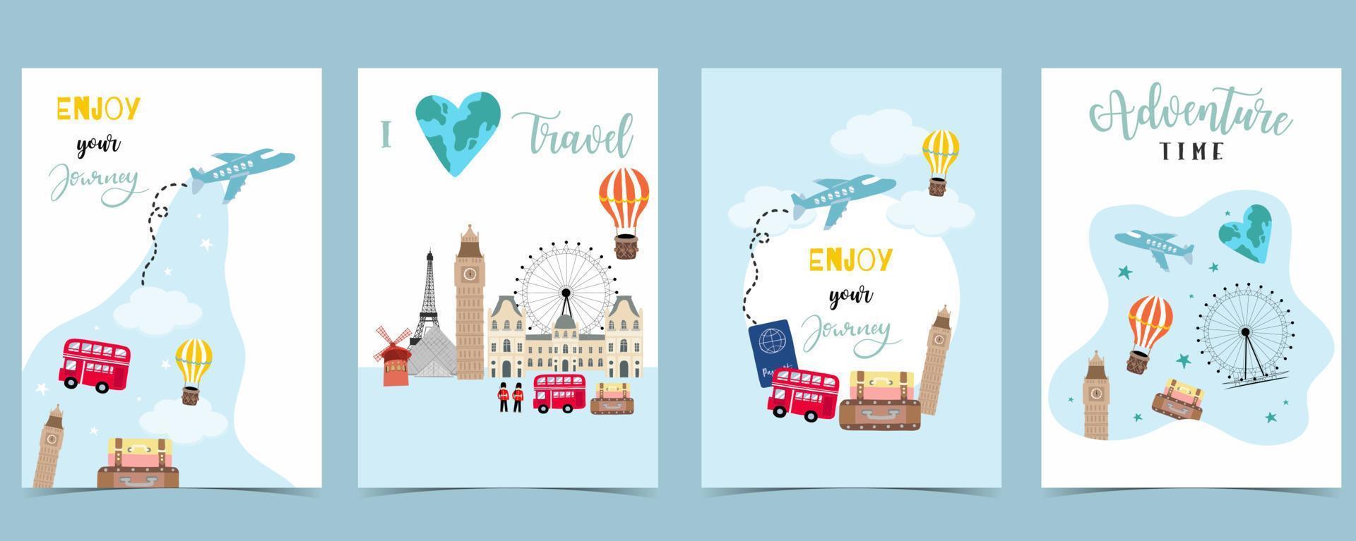 Travel greeting card with luggage,airplane,bus and world vector