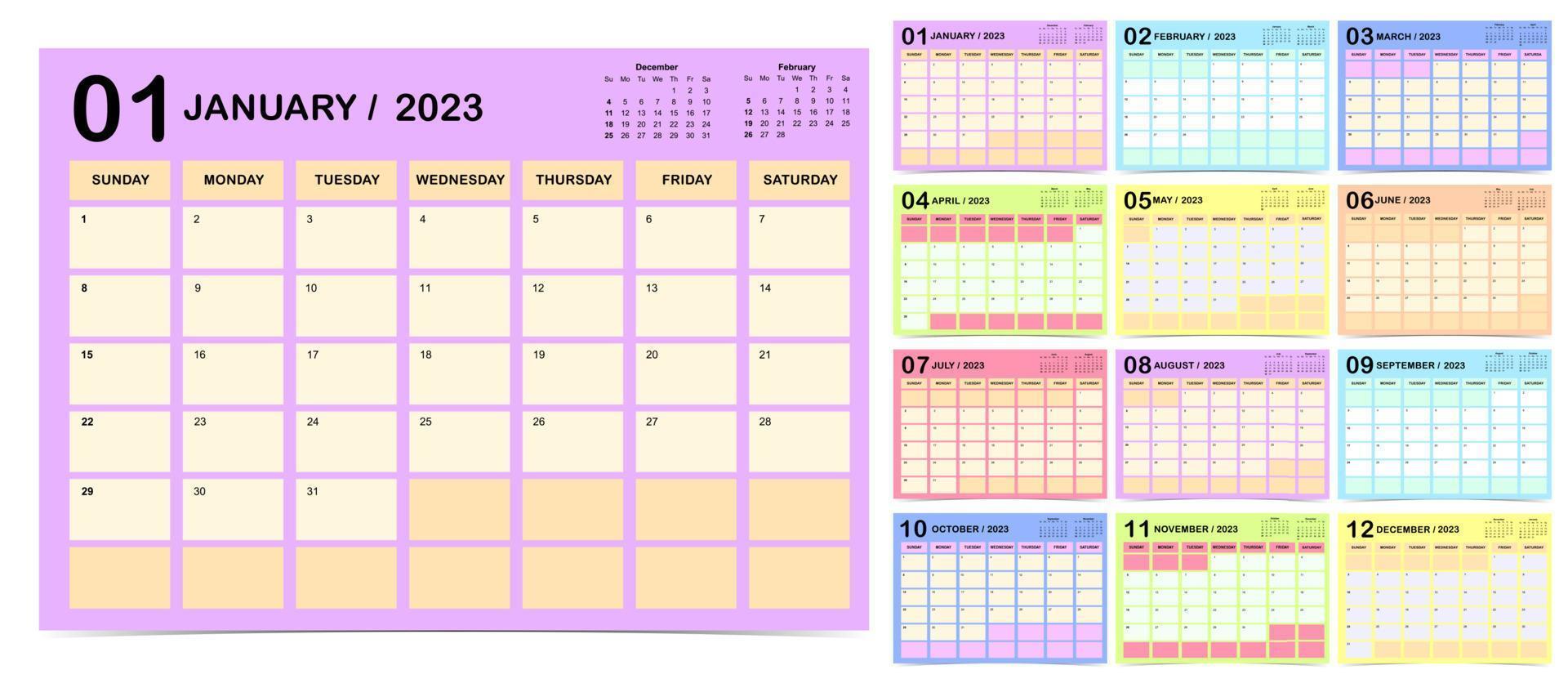 2023 table calendar week start on Sunday with color that use for