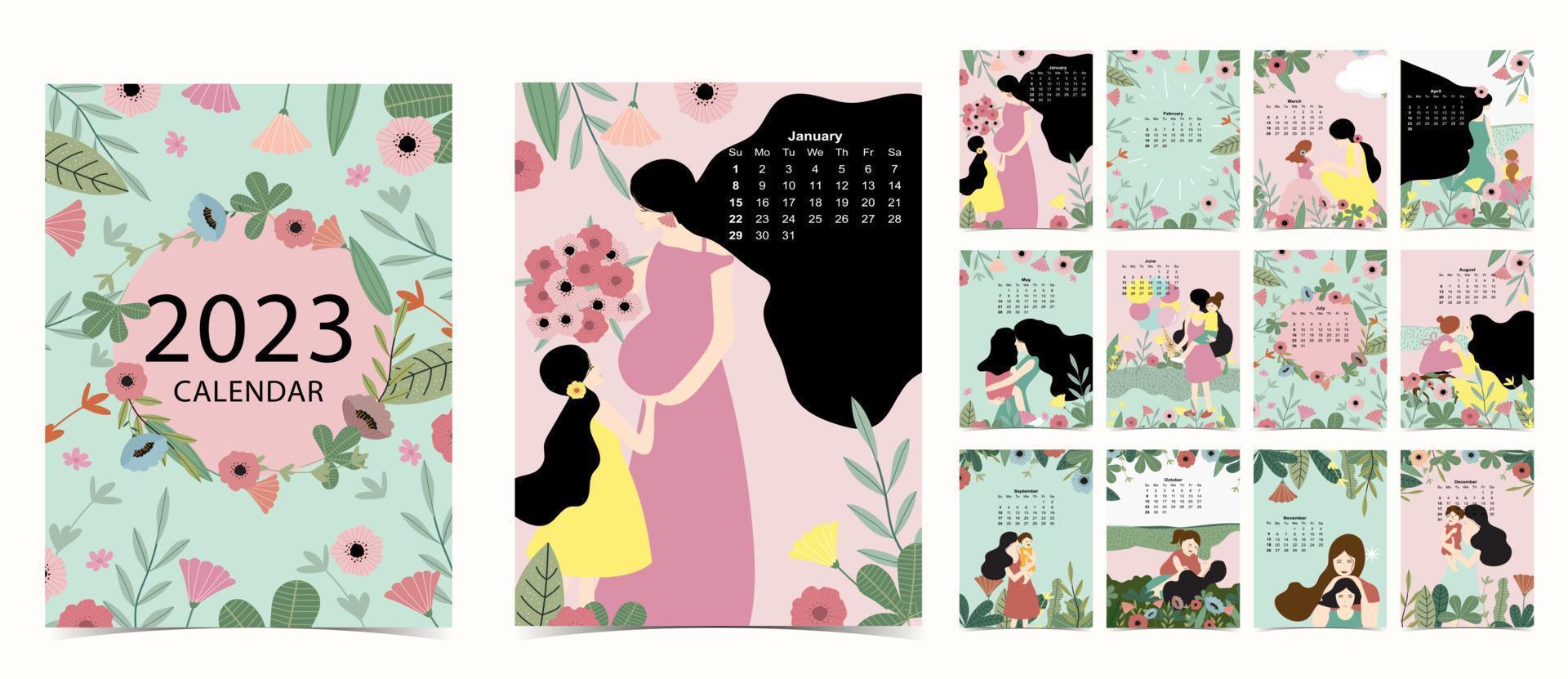 2023 table calendar week start on Sunday with woman and flower that use for vertical digital and printable A4 A5 size vector