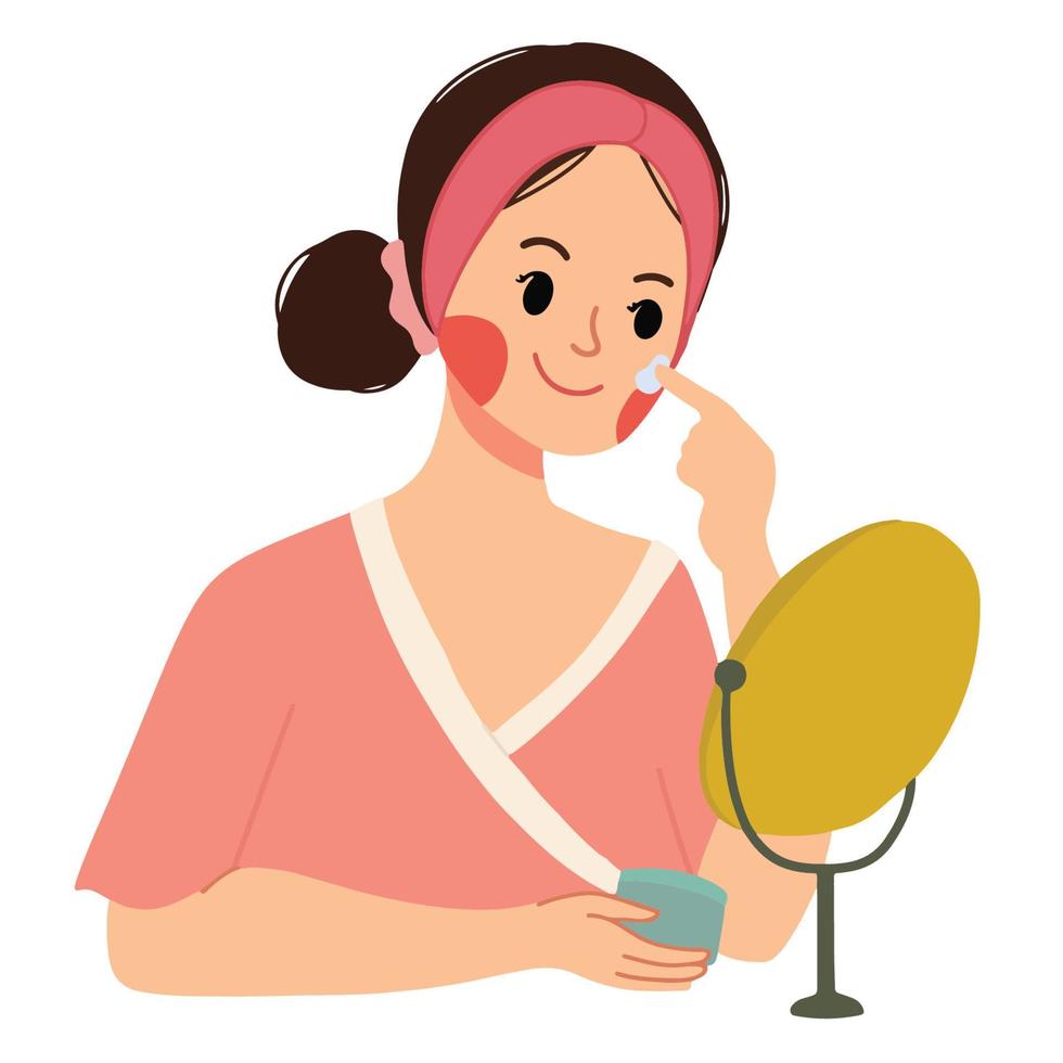 woman doing skincare and looking at mirror illustration vector