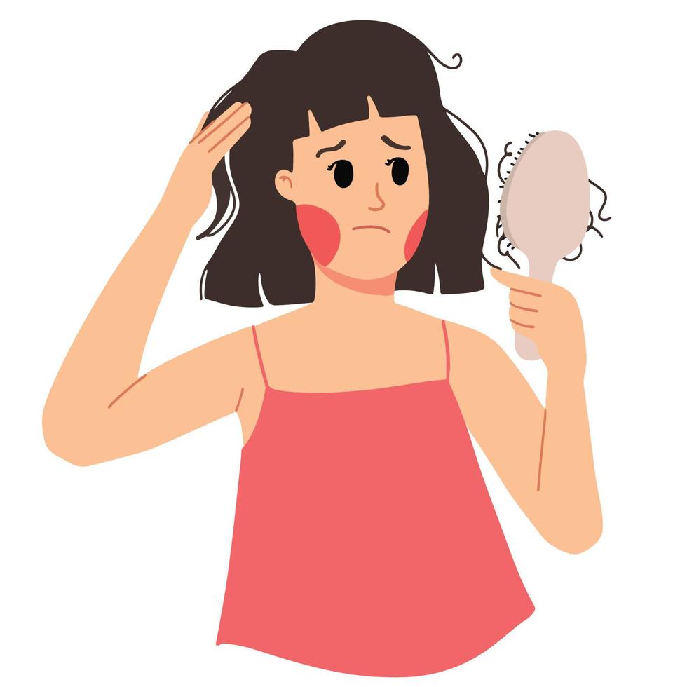 mujer triste que tiene pérdida de cabello mientras se peina la ilustración del cabello vector