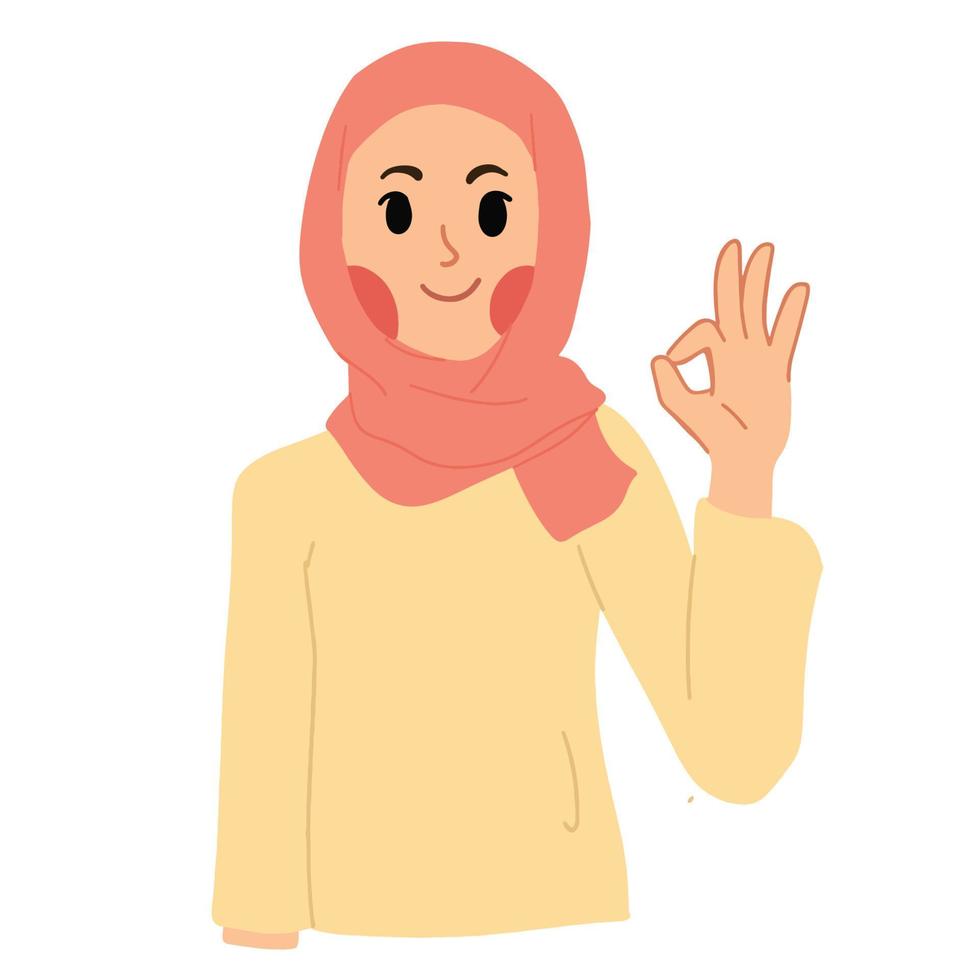 mujer hijab gesticulando bien con la ilustración de la mano vector