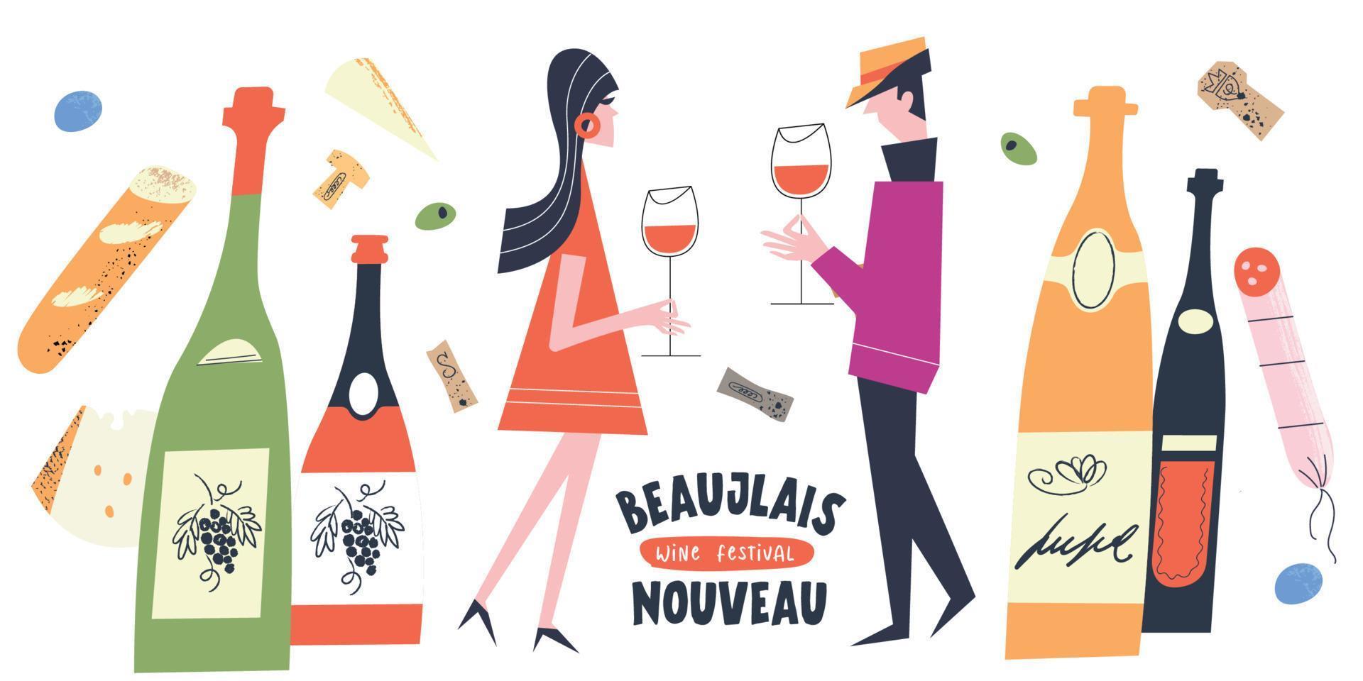 fiesta del vino beaujolais nouveau. ilustración vectorial, un conjunto de elementos de diseño para una fiesta del vino. vector
