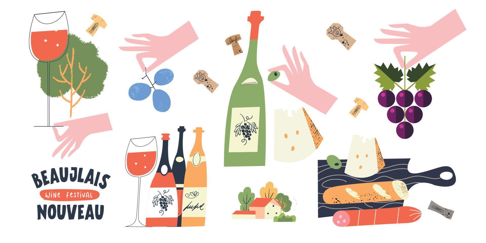 fiesta del vino beaujolais nouveau. ilustración vectorial, un conjunto de elementos de diseño para una fiesta del vino. vector