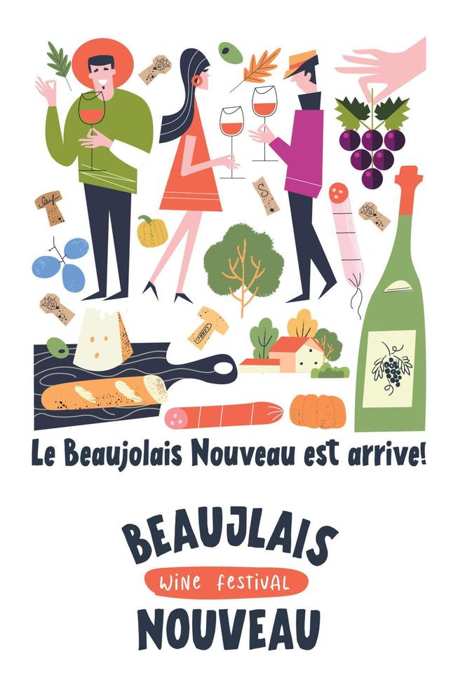 fiesta del vino beaujolais nouveau. ilustración vectorial, un conjunto de elementos de diseño para una fiesta del vino. la inscripción significa que ha llegado beaujolais nouveau. vector