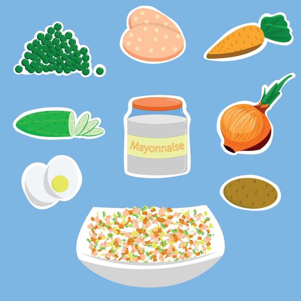 Olivier salad and ingredients vector