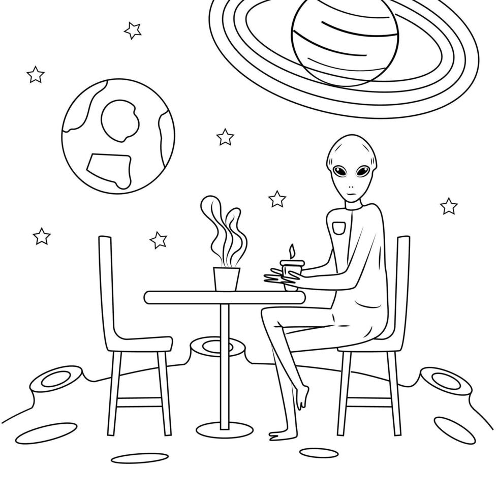 Alien is sitting at the table in cafe on the Moon. Cosmos invader is drinking a coffee. UFO concept vector in outline style for coloring, web, banner.