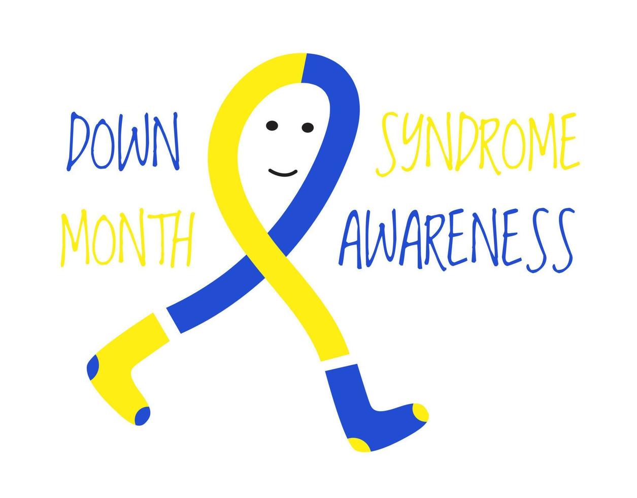 Down syndrome awareness month concept vector in blue and yellow colors. Cute cartoon ribbon clothing in socks is smiling