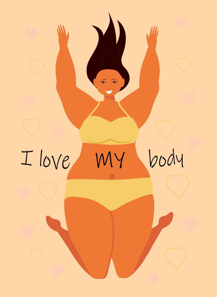 Body positive concept vector. Happy plus size girl wearing swimsuit and smiling. Active healthy lifestyle and love your body vector