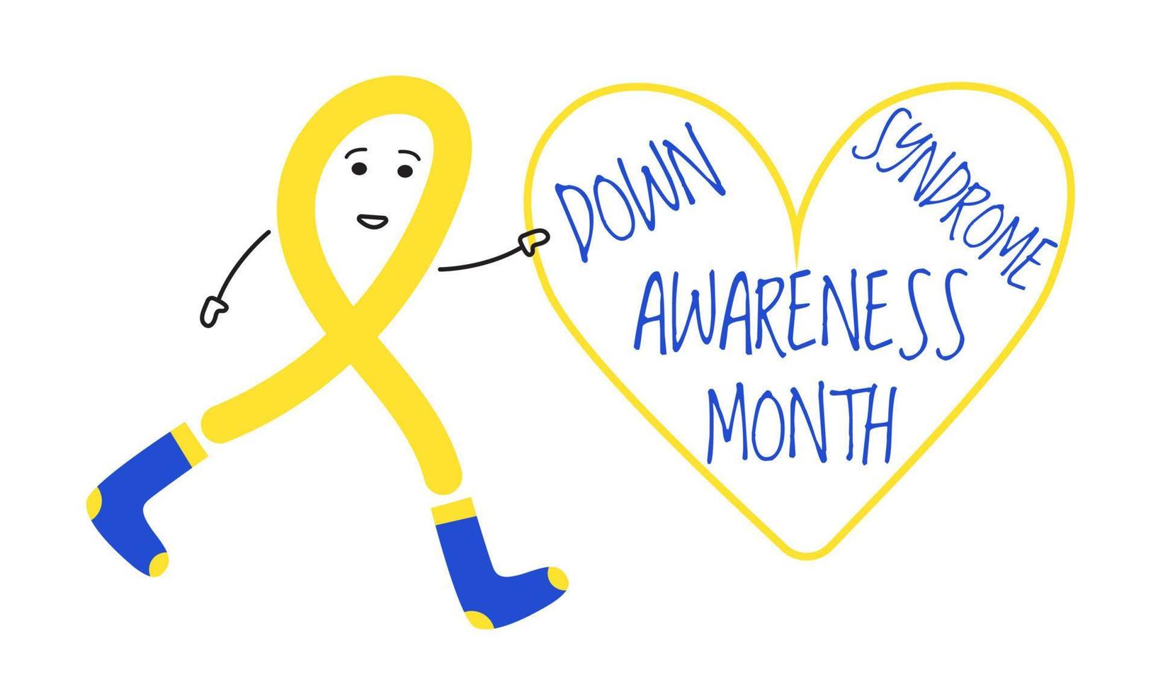 Down syndrome awareness month concept vector in blue and yellow colors. Cute cartoon ribbon clothing in socks is smiling