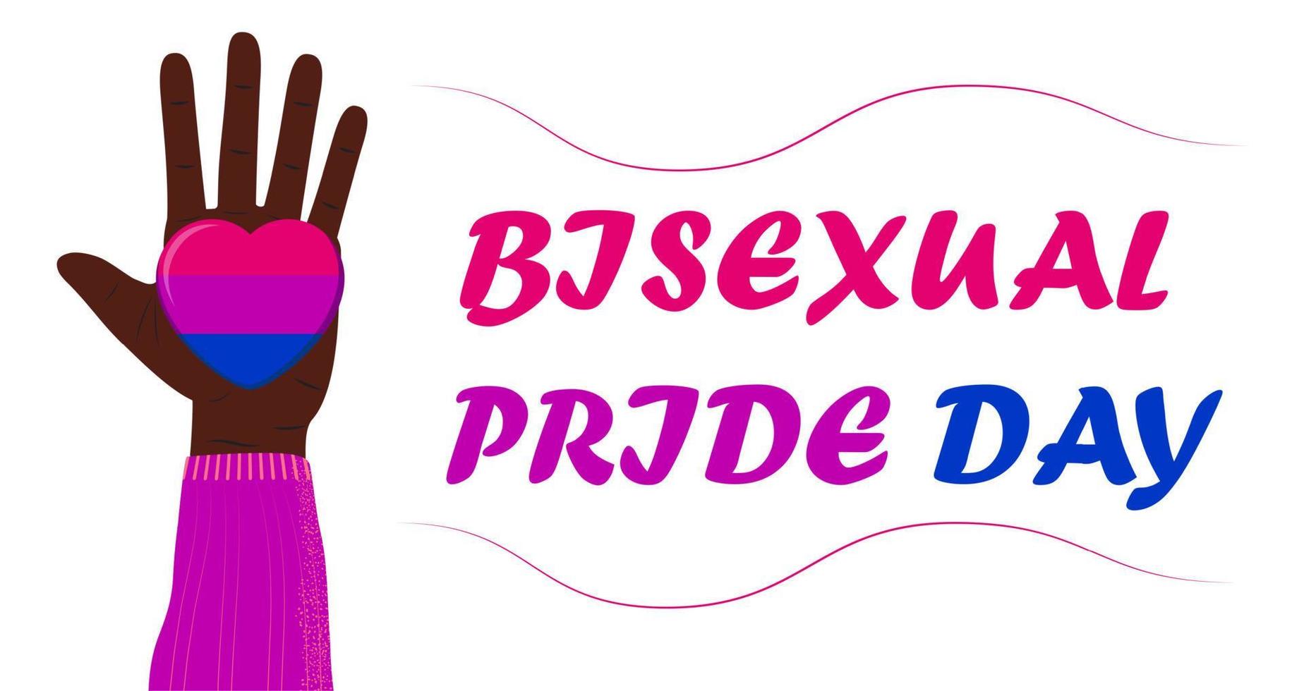 vector de concepto de día de bisexualidad. la mano está pintada en colores de orgullo bisexual. corazón con rayas rosas y se escribe 23 de septiembre. ilustración del día de la visibilidad bi