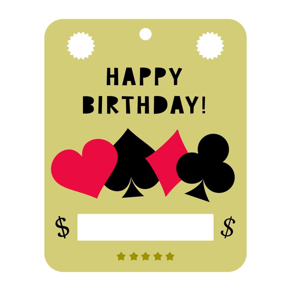 Happy Birthday celebration quote. Money postcard mock up with place for money. Greeting card with playing card illustration, funny design. Vector