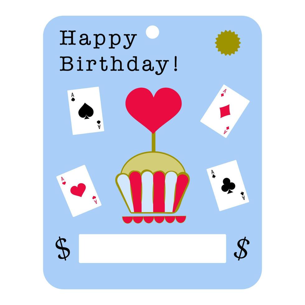 feliz cumpleaños celebración en blanco. maqueta de postal de dinero con lugar para el dinero. tarjeta de felicitación con ilustración de naipes, diseño divertido. vector