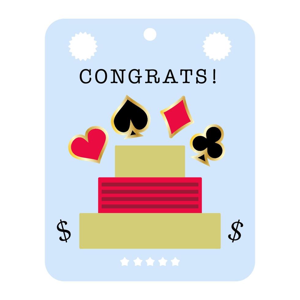 Celebration blank with Congrats quote. Money postcard mock up with place for money. Greeting card with playing card illustration, funny design. Vector
