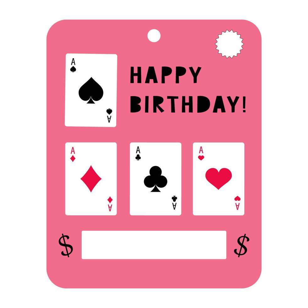 Celebration blank with Happy Birthday letters. Money postcard mock up with place for money. Greeting card with playing card illustration, funny design. Vector