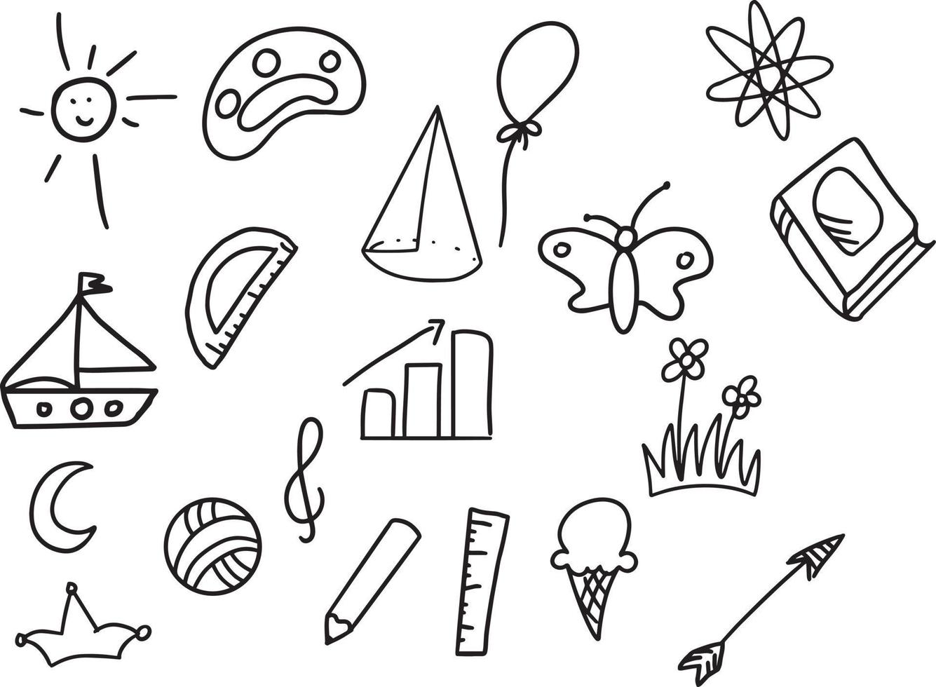 Set of children drawings. Hand drawn set of cute kids doodles. Vector black and white outline.