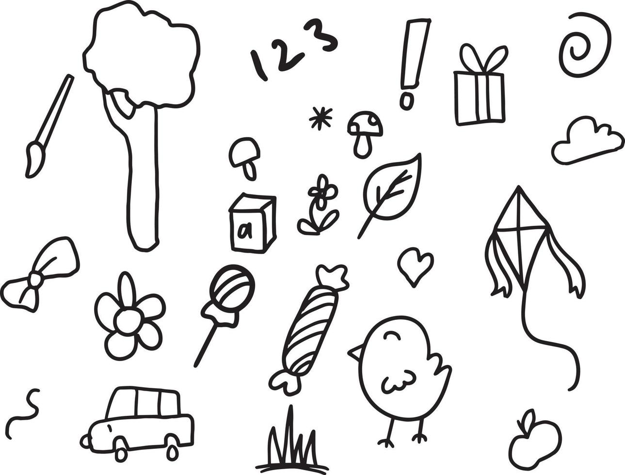 Set of children drawings. Hand drawn set of cute kids doodles. Vector black and white outline.