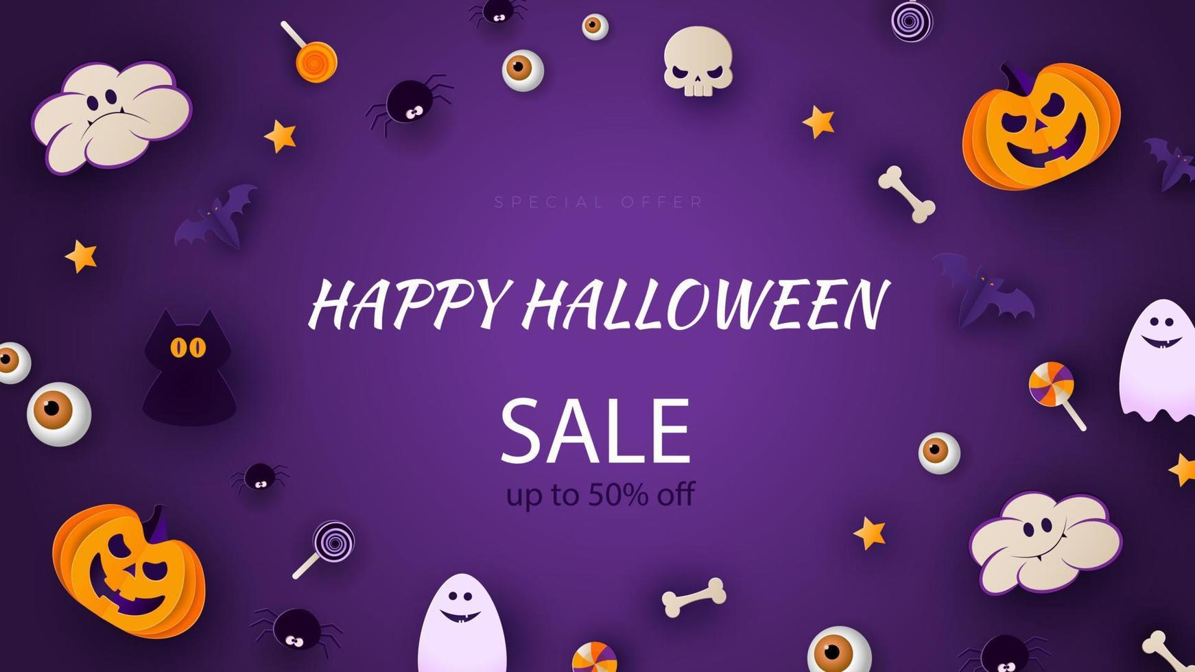 Happy Halloween banner or party invitation background with moon, bats and funny pumpkins in paper cut style. Vector illustration. Purple background