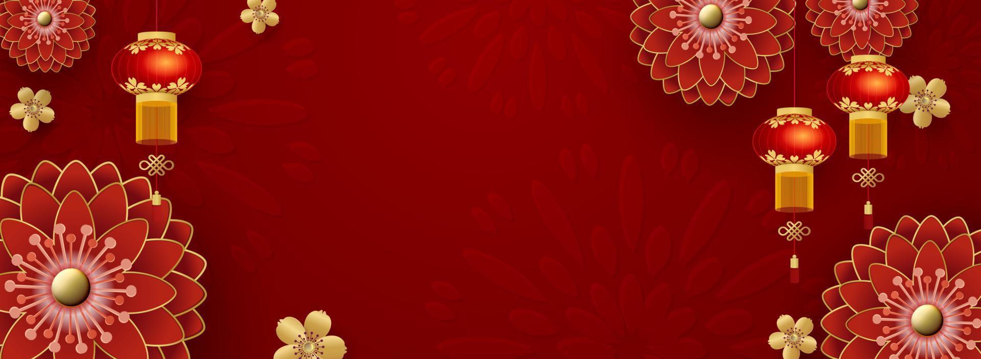 Chinese Greeting Card for 2023 New Year. Red chrysanthemums and golden sakura flowers, clouds and Asian elements on a red background. Vector illustration