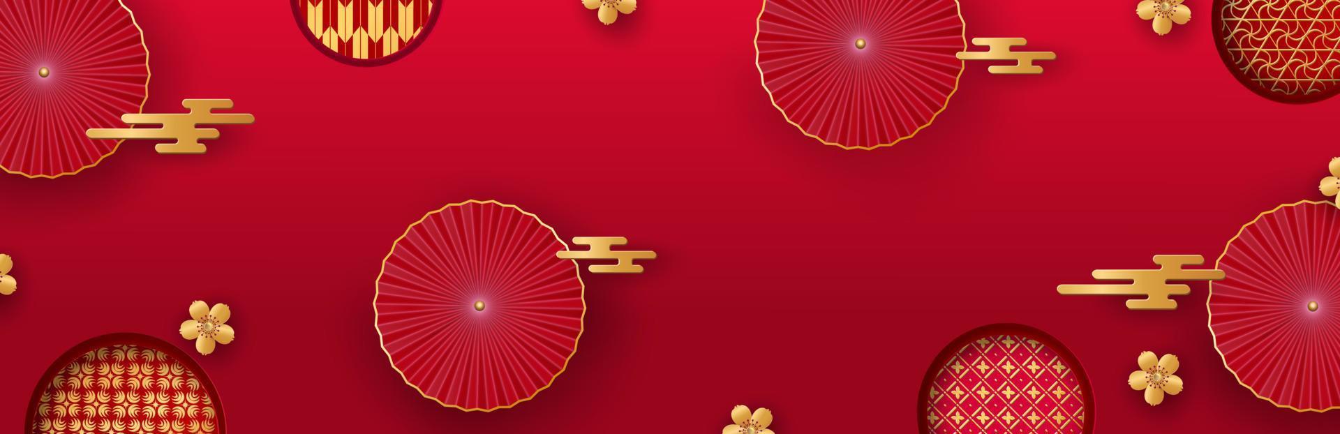 Chinese greeting card for New Year 2023. Red fans and golden sakura flowers and Asian patterns. Vector