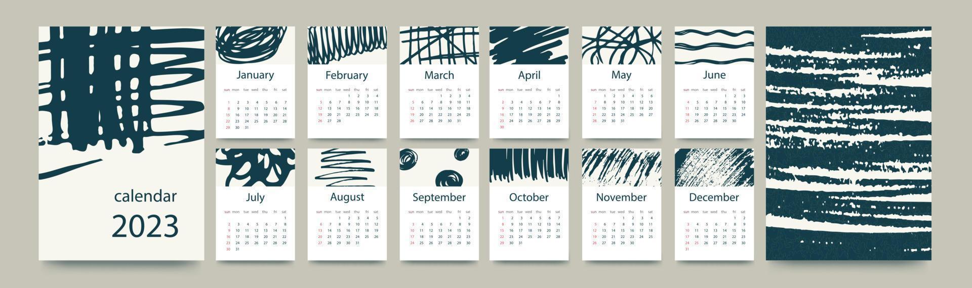 Calendar template for 2023. Vertical design with with abstract hand drawn doodles. Editable page template with A4 illustrations, set of 12 months with covers. Vector illustration.