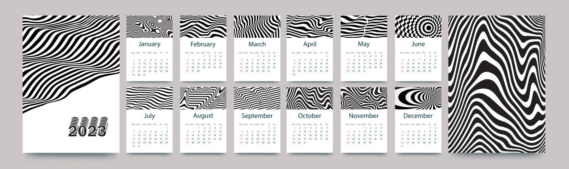 plantilla de calendario para 2023. diseño vertical con líneas blancas y negras. plantilla de página editable con ilustraciones a4, conjunto de 12 meses con portadas. ilustración vectorial vector