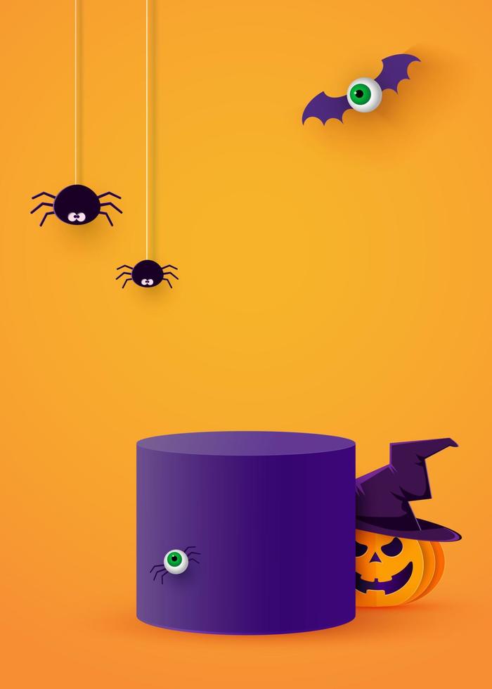 A cylindrical podium or plinth on a minimum stage area. Mockup studio for product presentation, branding design. Halloween background. Vector illustration.
