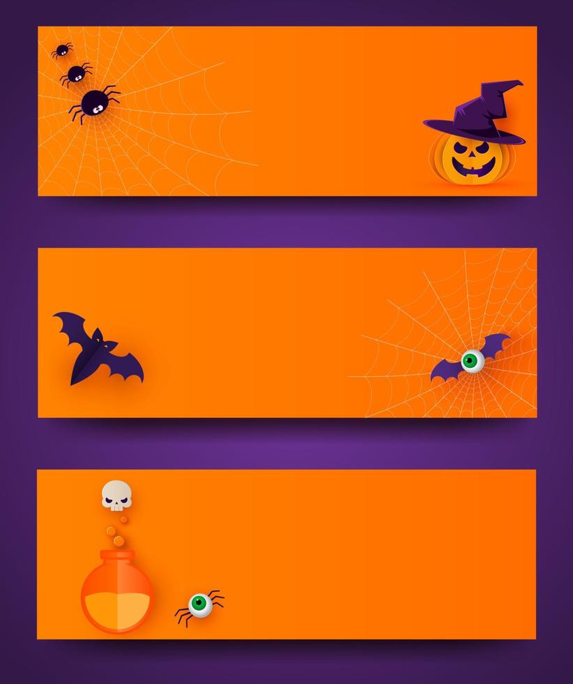 invitaciones a fiestas de Halloween, tarjetas de felicitación o carteles. conjunto de lindas calabazas, murciélagos y arañas. plantilla de diseño para publicidad, internet, redes sociales. estilo de corte de papel vector