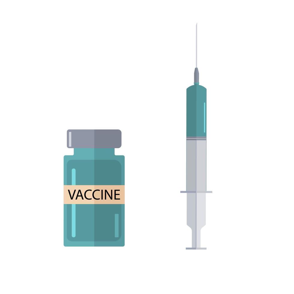 Plastic medical syringe icon with needle and vial in flat style, concept of vaccination, injection. Coronavirus vaccine. Isolated on white background .Vector illustration. vector