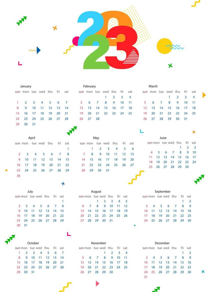 Yearly calendar template 2023. Week starts on Sunday. Calendar design in minimalist memphis style. Vector illustration