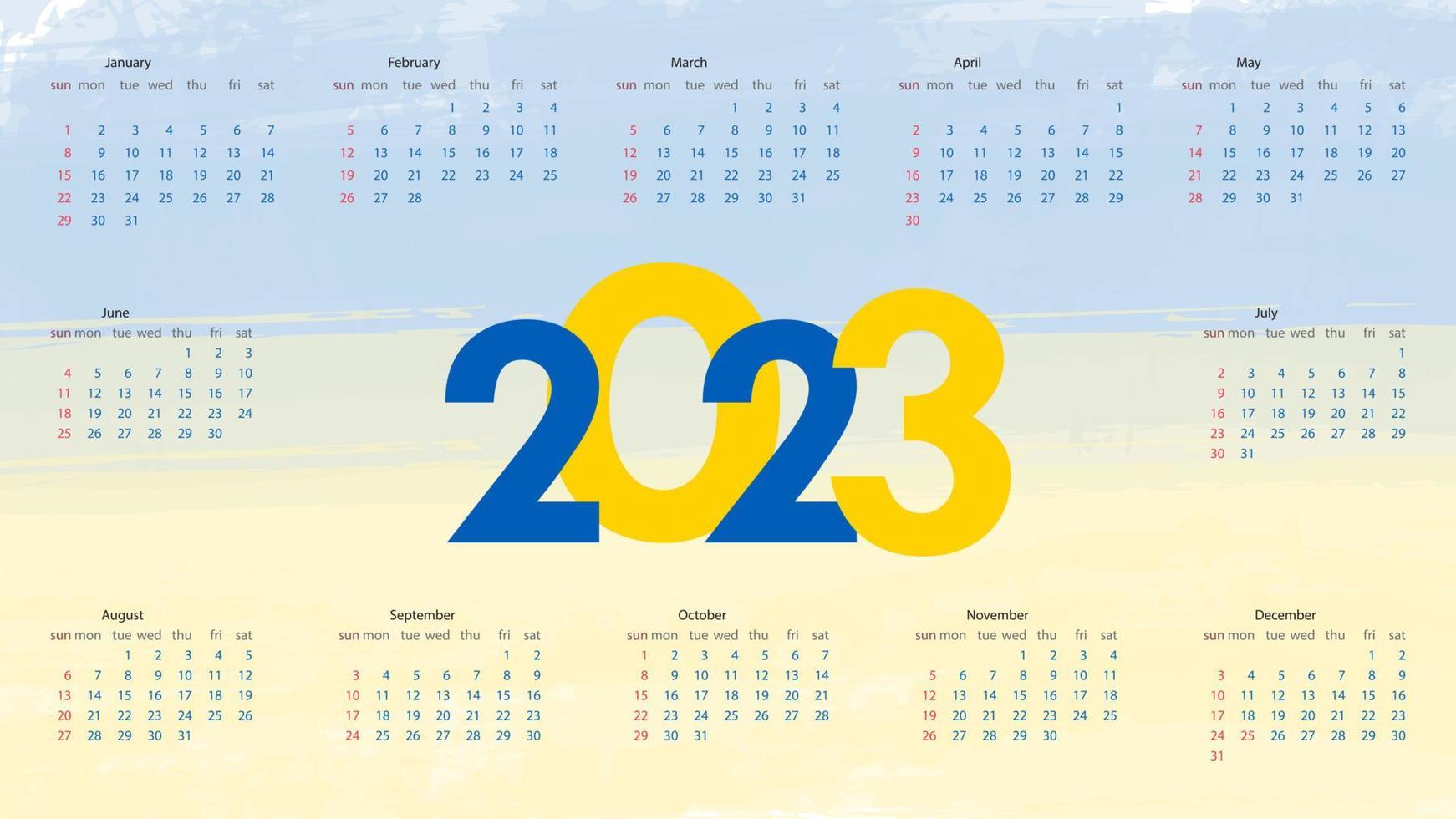 The final illustration of the 2023 calendar year. The week starts on Sunday. Annual calendar template 2023. Calendar design in yellow and blue tones. Vector illustration