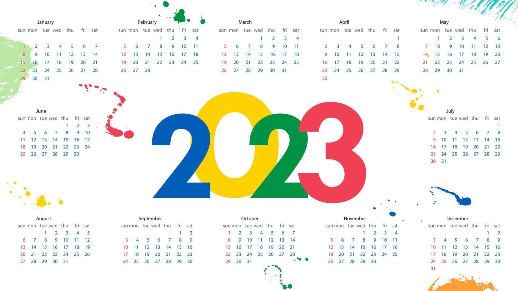 Yearly calendar template 2023. Week starts on Sunday. Calendar design in a minimalist style. Paint splatter. Vector illustration