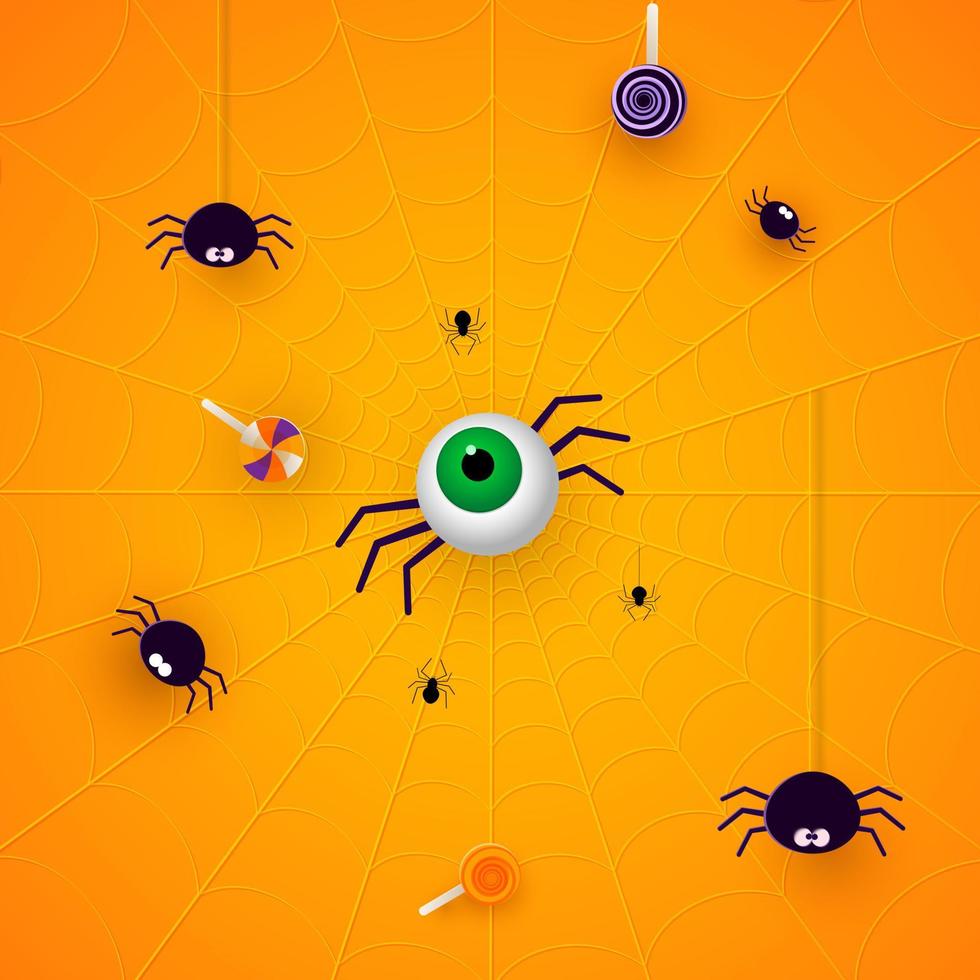 Happy Halloween banner or party invitation orange background with spiders and sweets in paper cut style. Vector illustration. Place for text