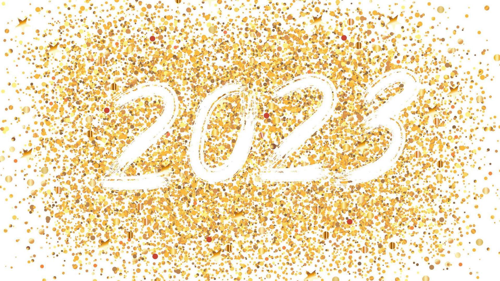 Brush numbers 2023 for the New Year. White numbers on a gold base. Template for postcards, prints, invitations, labels. Vector illustration.