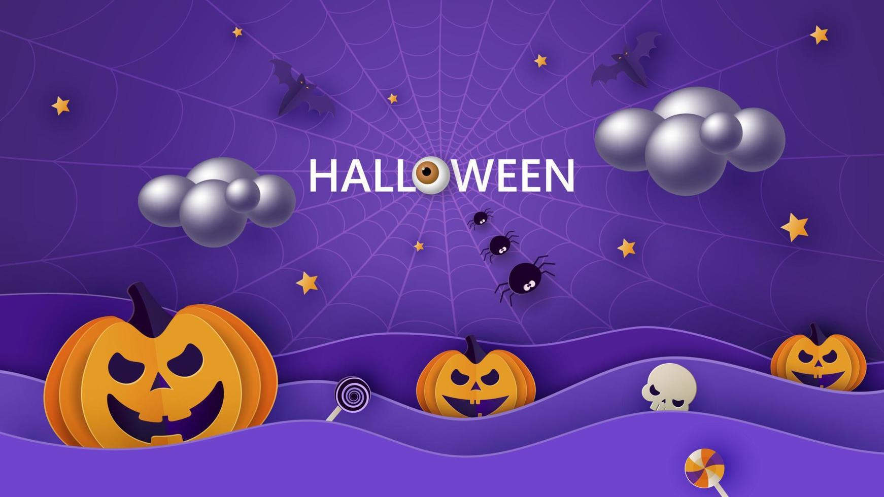 Happy Halloween banner or party invitation background with moon, bats and funny pumpkins in paper cut style. Vector illustration. Full moon in the sky, spider webs and stars.