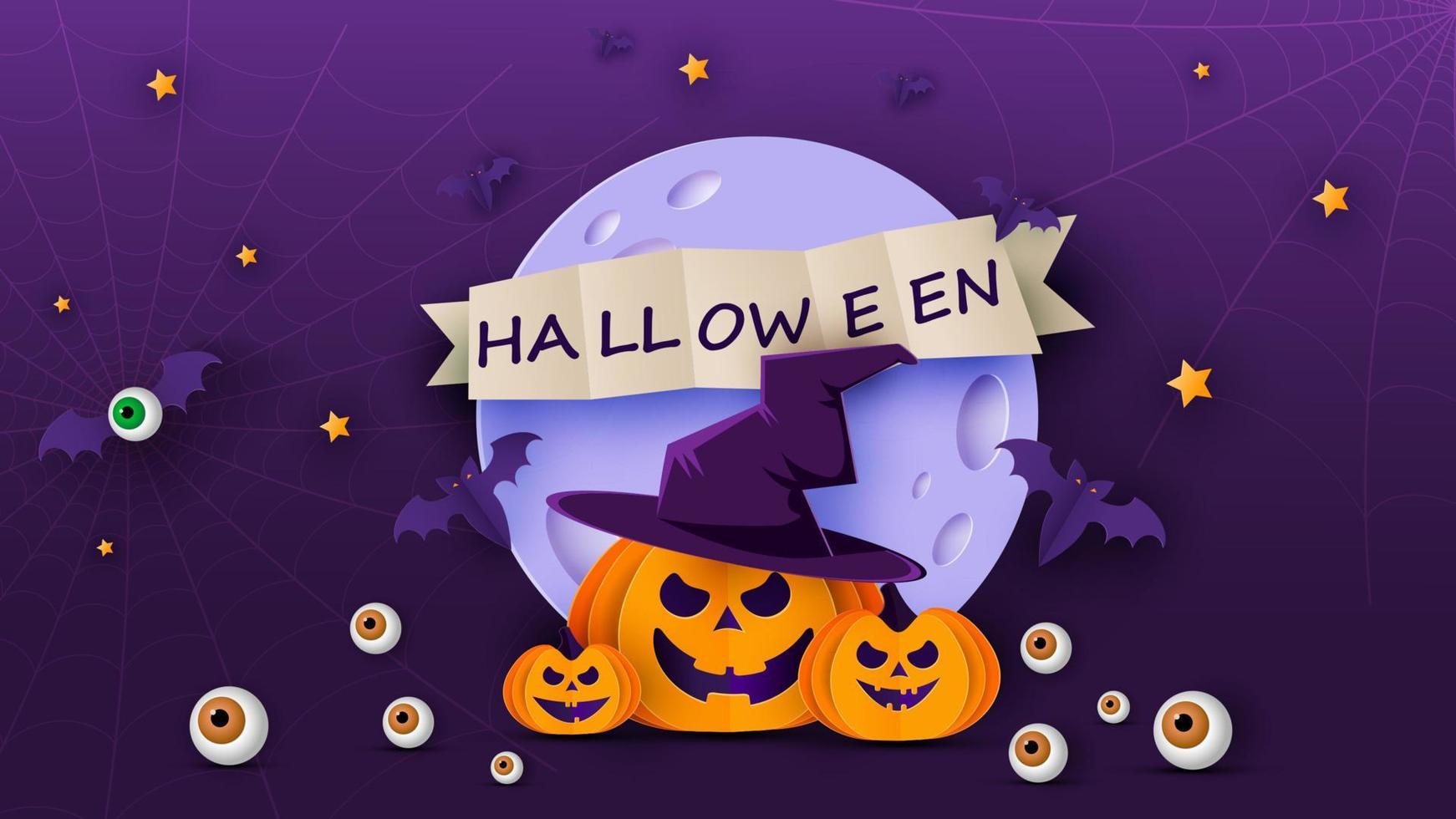 banner de feliz halloween o fondo de invitación de fiesta con luna, murciélagos y calabazas divertidas en estilo de corte de papel. ilustración vectorial luna llena en el cielo, telarañas y estrellas. lugar para texto vector