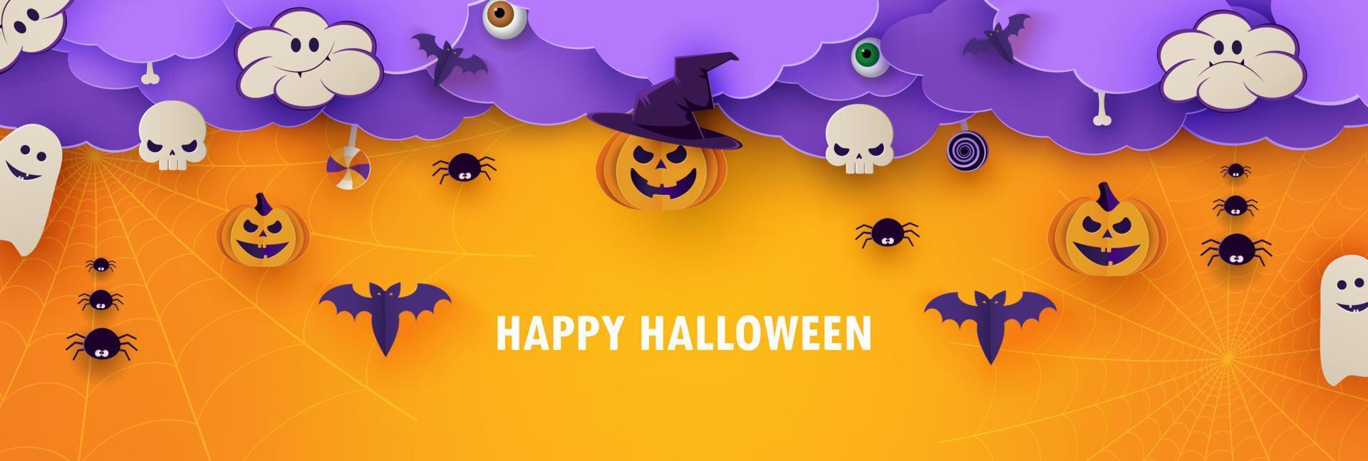 Happy Halloween banner or party invitation orange background with clouds, bats and pumpkins in paper cut style. Vector illustration. Place for text