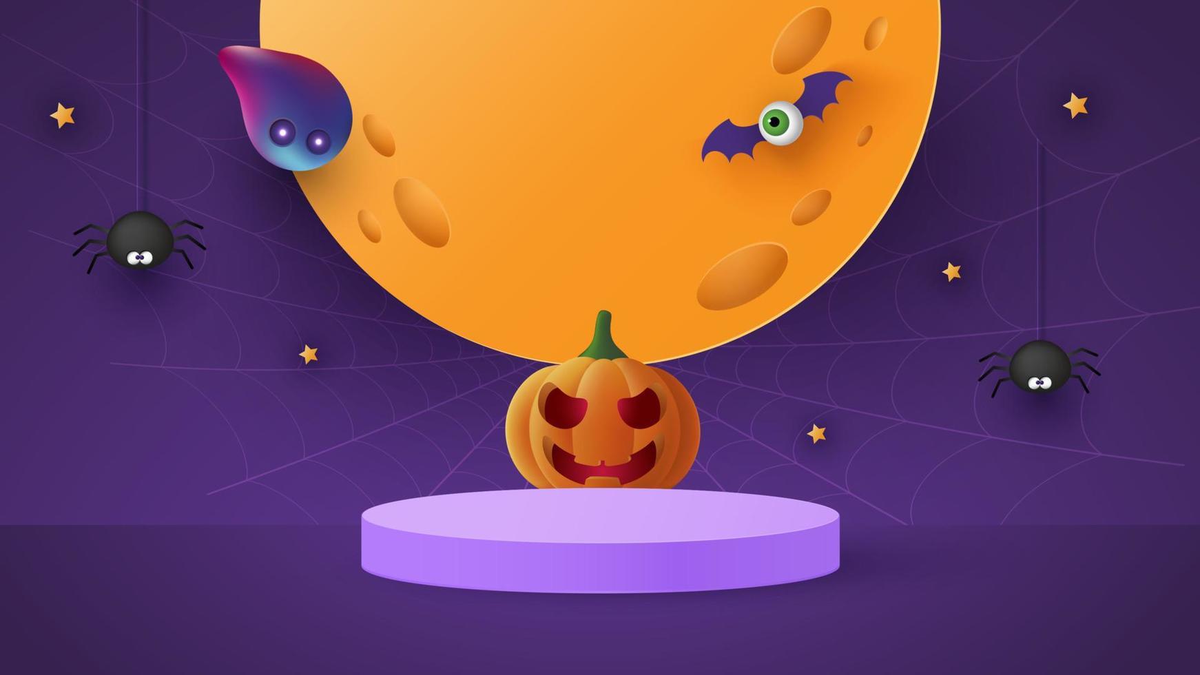 Happy Halloween banner or party invitation background with moon, bats and funny pumpkins Vector illustration. Full moon in the sky, spider webs and stars.