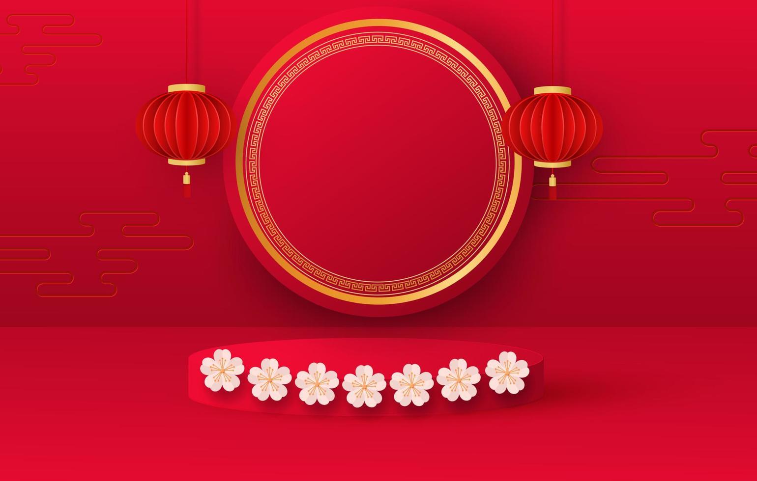 Platform and 3D studio, presentation podium. Festive background hanging lanterns, patterns. Red round stand. Vector illustration