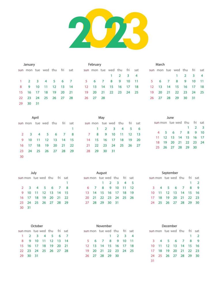 Yearly calendar template 2023. Week starts on Sunday. Calendar design in a minimalist style. Vector illustration